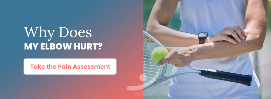 Why does my elbow hurt? Tennis player holding sore elbow. Take the pain assessment.