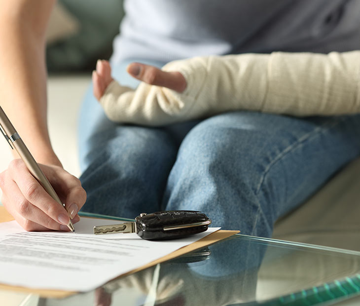 individual filling out paperwork for broken arm.